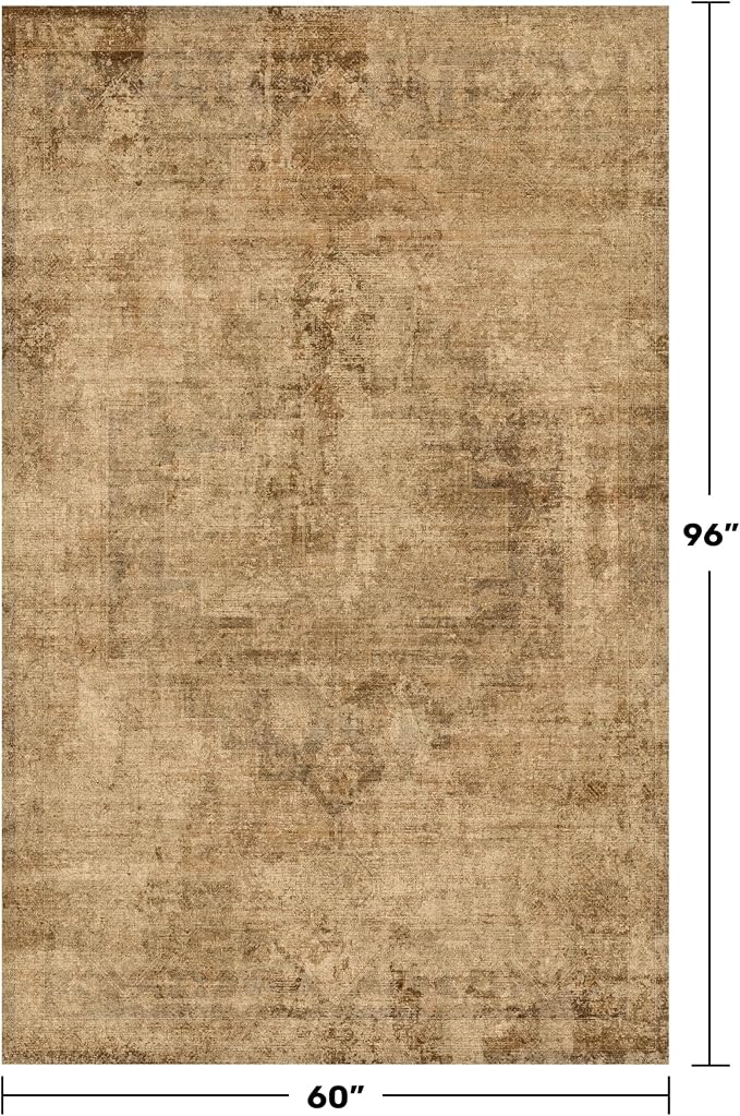 Large Entryway Rug Washable - 5x8 Brown and Mustard Yellow Rug for Mudroom, Foyer, Hall, Living Room, Washable Low Pile Stain Resistent