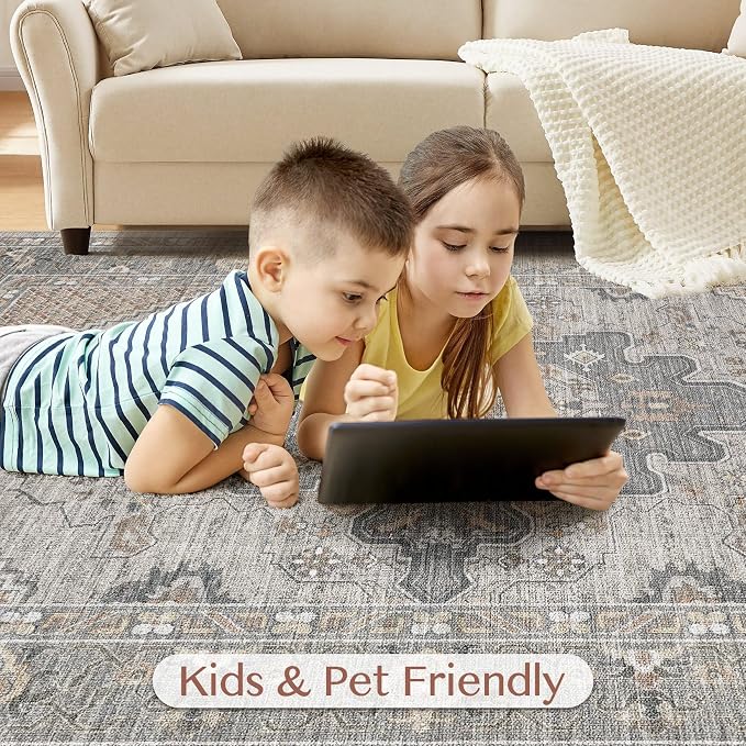 Tortania Area Rug Living Room Rugs - 8x10 Washable Boho Rug Vintage Oriental Distressed Farmhouse Large Thin Indoor Carpet for Living Room Bedroom Under Dining Table Home Office - Brown Gray