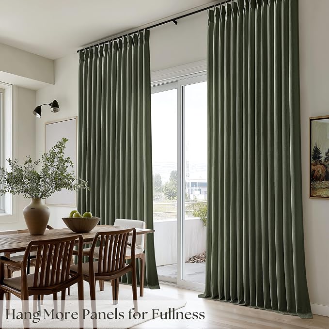 Pinch Pleated Linen Rifle Green Curtains 120 Inches Long for Living Dining Room Hooks Rings Back Tab Pinch Pleat Drapes Extra Long Light Filtering Semi Sheer 120 Inch Olive Curtains for Bedroom 10FT