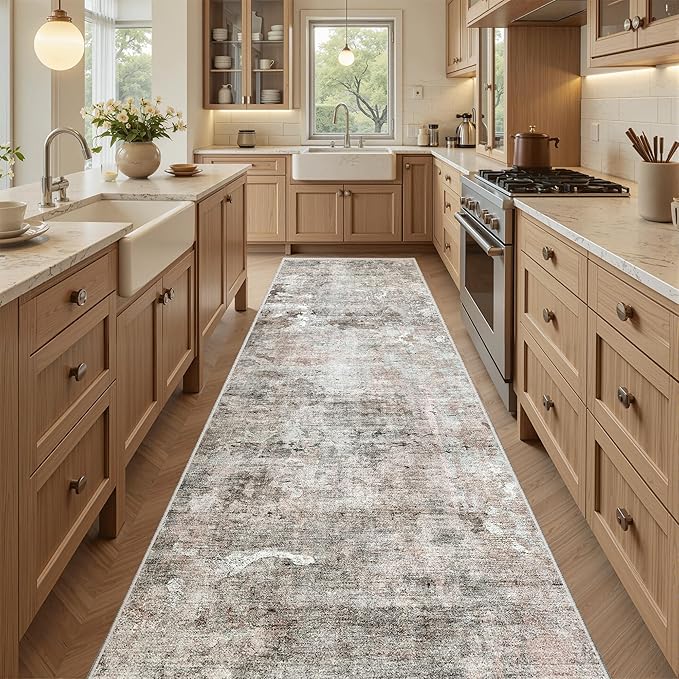 Soalmost Washable Runner Rug, 2'6" x 8' Non-Slip Kitchen Vintage Foldable 2.5x8ft Hallway Runners for Entryway, Laundry, Bedroom, Pink/Grey