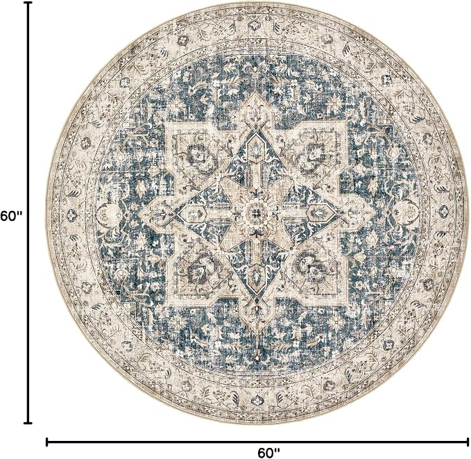 Tortania 5' Round Area Rug Living Room Rugs - Washable Boho Rug Vintage Oriental Distressed Farmhouse Large Thin Indoor Carpet for Bedroom Under Dining Table Home Office - Cream/Blue