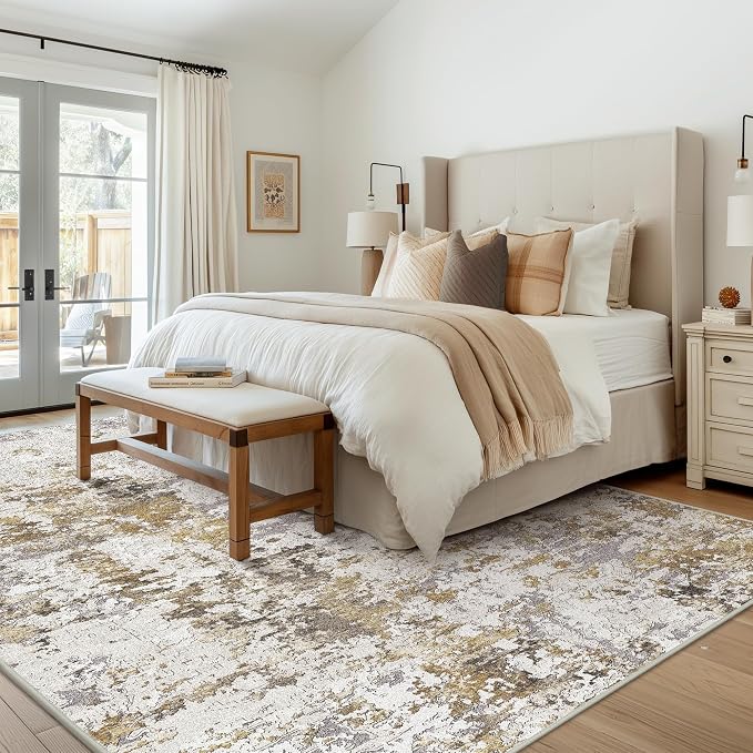 BEIMO Area Rugs 8x10 for Living Room Bedroom, Modern Abstract Machine Washable Rug, Large Soft Low Pile Floor Carpet with Non Slip Backing for Dining Room, Gold Brown