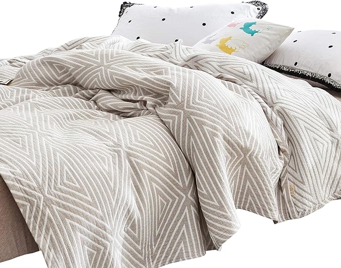MEJU Muslin Crey Checks Stripes Triange Reversible Throw Blanket for Bed Sofa Couch 100% Combed Cotton 3 Layer Soft Warm Quick Dry Bedspread Throw Blanket Bed Coverlet Sheet Twin 60 in x 80 in