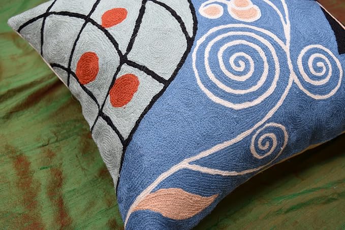 Klimt Blue Modern Couch Pillow Cover | Blue Contemporary Throw Pillows | Abstract Modern Chair Cushion | Modern Outdoor Pillow | Mid Century Chair Cushions | Handmade Wool Size 18x18