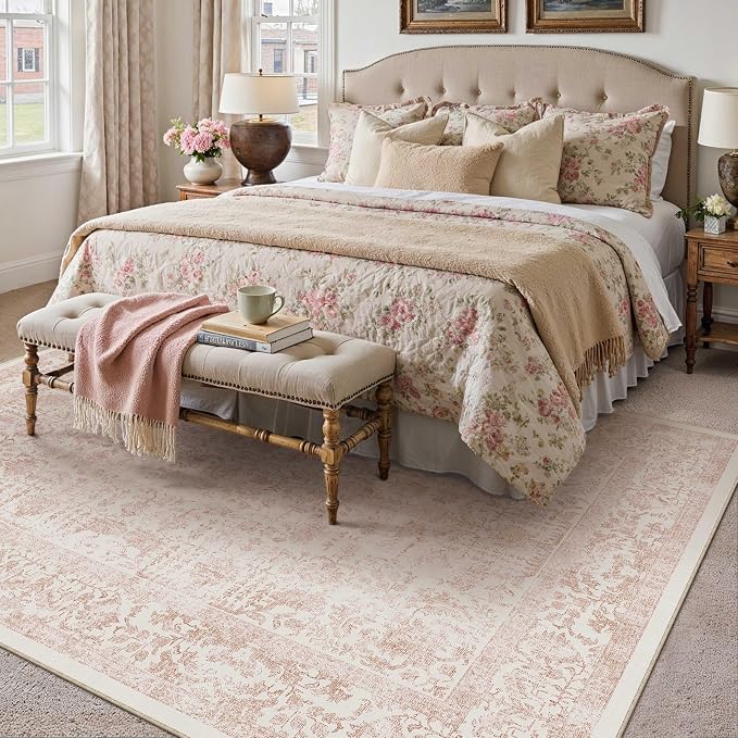 PureCozy Pink Area Rug 6x9 Machine Washable Vintage Living Room Distressed Non Slip Carpet Traditional Indoor Bedroom Retro Floral Accent Throw Large Rug for Office Kitchen Dining Room