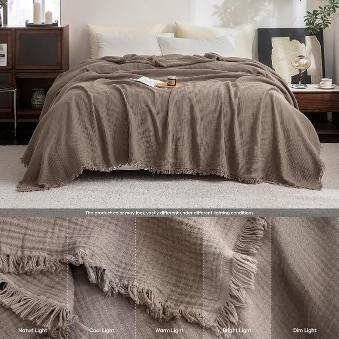 FOSSA Muslin Blanket 4-Layer 100% Cotton Gauze Blanket with Fringe 50"x70" | Super Soft Breathable Lightweight All Season & Decorative Blanket or Bed, Sofa, Office (Pale Brown,Throw XL)
