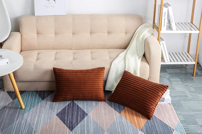 TangDepot Velvet Big Corduroy Pillow Covers 12x20 Chocolate 2-Pack | Soft wide-stripe corduroy pillow cover, hidden zipper, machine washable, easy refresh, for bedroom living room indoor outdoor