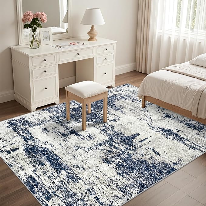Washable Rug 6x9 Area Rugs: Soft Large Living Room Rug with Anti-Slip Backing Non-Shedding Stain-Resistant Modern Abstract Carpet for Bedroom Dining Room Nursery Home Office-Gray/Blue