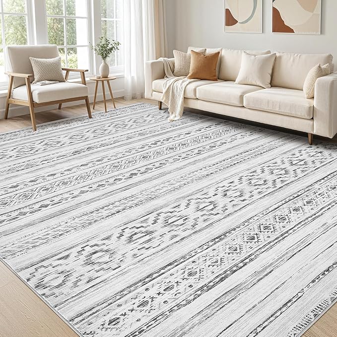 cotiled 7x9 Area Rug Living Room: Washable Boho Rugs with Non Slip Backing Large Soft Indoor Stain Resistant Carpet for Bedroom Farmhouse Dining Room Lightweight Home Decor Cream Grey