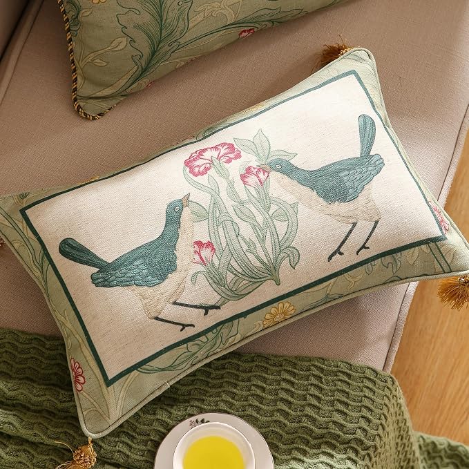 patdrea French Vintage Linen Throw Pillow Cover,12"x20",Set of 2-Cecilia E | Decorative Pillow Case with Zipper,Green Floral Pattern,Cushion Coverfor Couch Living Room Bedroom Sofa