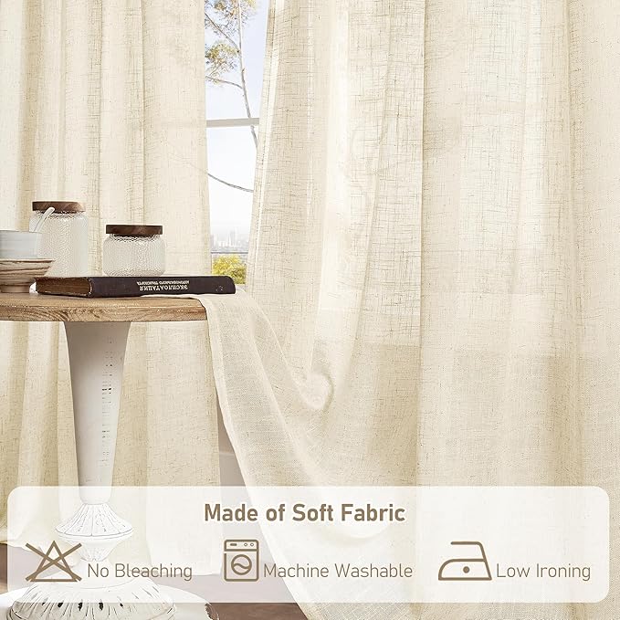 LAMIT Natural Linen Curtains 120 Inch for Living Room, Back Tab and Rod Pocket Linen Textured Sheer Curtains Light Filtering Drapes for Farmhouse/Bedroom, 2 Panels, 52 x 120 Inch, Beige