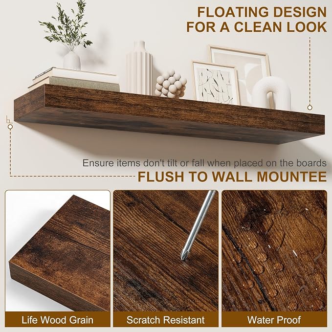 Fun Memories Floating Shelves for Wall, 24Inch Floating Shelves Set of 2, Hanging Shelf with Invisible Brackets, Wood Shelves for Living Room, Bedroom, Kitchen, Brown