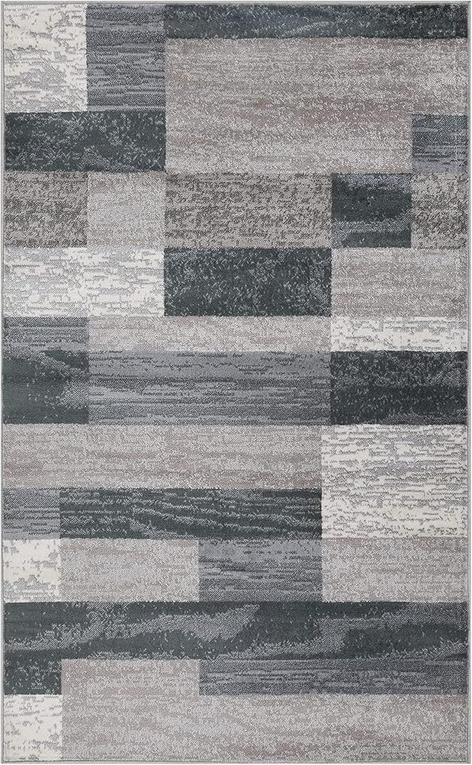 SUPERIOR Indoor Area Rug, Jute Backed, Modern Geometric Patchwork Floor Decor for Bedroom, Office, Living Room, Entryway, Hardwood Floors, Rockwood Collection, 5' x 8', Blue-Taupe