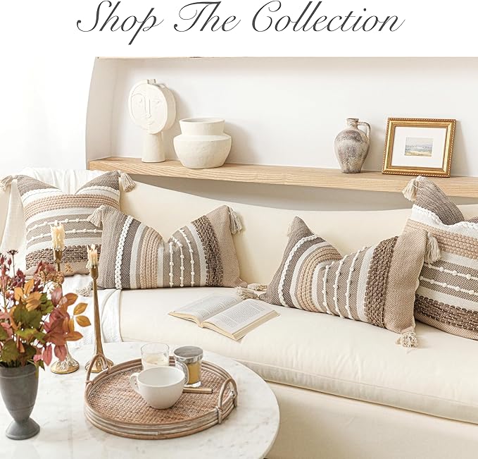 BlissBlush Boho Decorative Throw Pillow Cover 22x22 Square Brown Accent Pillowcase Tassels Farmhouse Cushion for Couch Sofa Bedroom Livingroom Home Décor Cover ONLY (Pack of 1)
