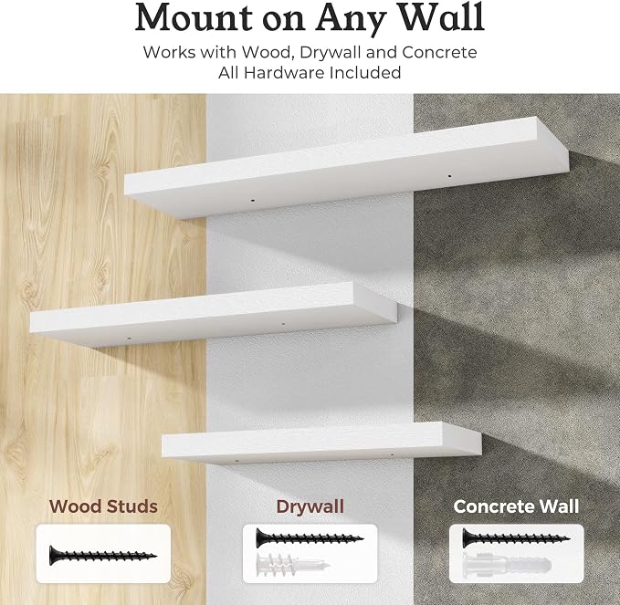 White Floating Shelves for Wall, 9.3" Deep Wall Mounted Wood Shelves for Bathroom, Bedroom, Living Room, Kitchen, Hanging Shelf for Books/Storage/Room Decor (White, 24")