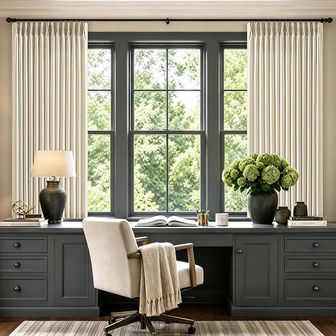 TWODRAPES Cream Pinch Pleated Linen Curtains 2 Panels 63 Inch for Living Dining Room Semi Sheer Memory Trained Short Pleat Drapes with Hooks Rings Farmhouse Boho Beige Bedroom Kitchen Drapes 40Wx63L