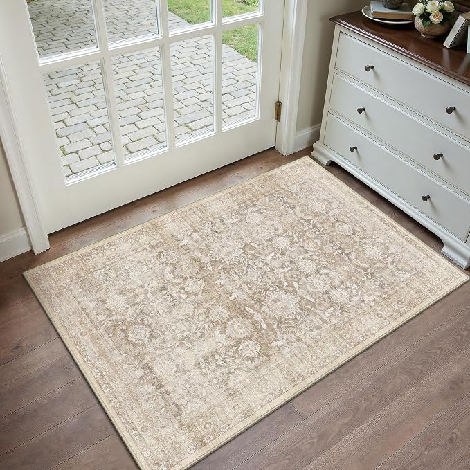 2x3 Beige Washable Neutral Area Rug for Entryway Non Slip Soft Thin Throw Rug Floral Durable Low Pile Carpet Modern Stain Resistant Door Mat for Living Room Laundry Kitchen Office Playroom