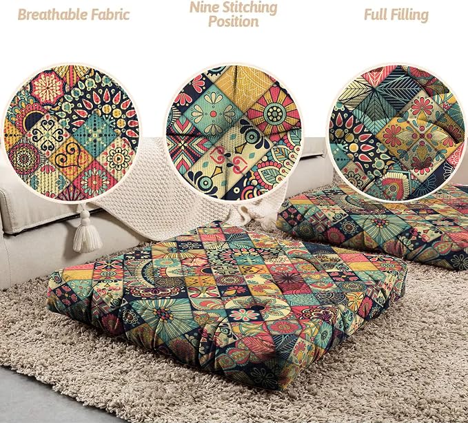 Mandala Meditation Cushion, Boho Meditation Mat, Meditation Pillows for Sitting on Floor, Cushions for Sitting in Home and Outdoor, Square Floor Pillow Cushion Seating for Yoga Accessories 22'' X 22''