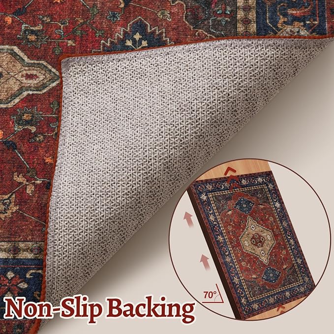 Tangsoo Red 2x5 Washable Runner Rug for Hallways, Non Slip Oriental Runner Rugs, Soft Low Pile Long Rug Runner, Vintage Carpet Runners for Kitchen Bedroom Entryway Bathroom Living Room Red/Beige