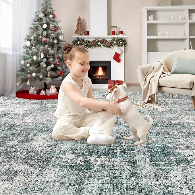 UERMEI 10x14 Area Rug Living Room Rugs - Washable Neutral Modern Abstract Soft Thin Large Rug Indoor Floor No Slip Rug Carpet for Bedroom Under Dining Table Home Office Decor - Green/Grey