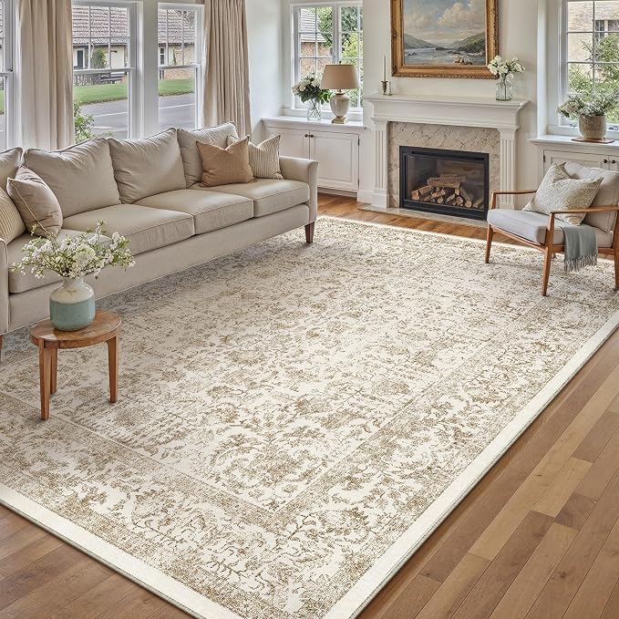 PureCozy Light Brown Area Rug 10x14 Machine Washable Large Vintage Living Room Distressed Non Slip Carpet Traditional Indoor Bedroom Retro Floral Accent Throw Rug for Office Kitchen Dining Room