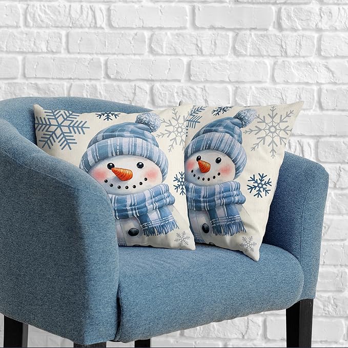 Lovely Blue Snowman Pillow Covers Winter Throw Pillow Case 24x24 Set of 2 Snowflakes Pillowcase Holiday Cushion Case for Living Room Bedroom Couch Sofa