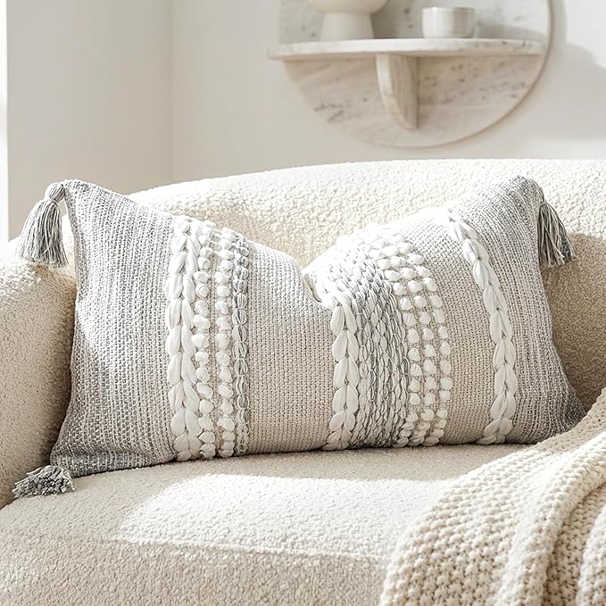 BlissBlush Gray Decorative Lumbar Pillow Cover 14x24, Boho Accent Throw Pillow Case for Couch Sofa Bed, Modern Farmhouse Textured Lumbar Cushion Bedroom Living Room, Cover ONLY