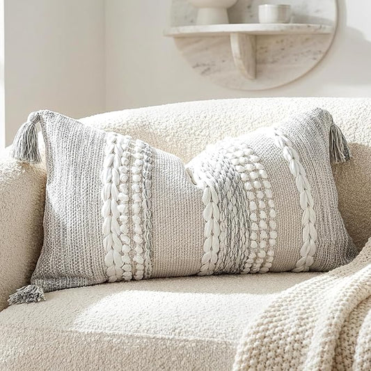 BlissBlush Gray Decorative Lumbar Pillow Cover 14x24, Boho Accent Throw Pillow Case for Couch Sofa Bed, Modern Farmhouse Textured Lumbar Cushion Bedroom Living Room, Cover ONLY