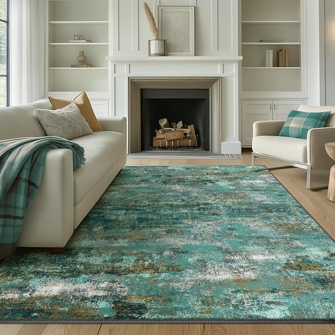 BEIMO Machine Washable Rug 9x12 Area Rugs for Living Room Bedroom, Large Turquoise Abstract Area Rug Soft Throw Rugs, Low-Pile Floor Carpet with Non Slip Rubber Backing