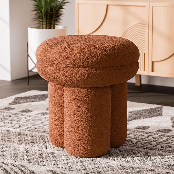 Furniture of America Rami Modern 17-inch Mushroom-Shape Upholstered Ottoman with Tri-Pillar Pedestal, Vanity Stool Chair, Small Foot Stool for Bedroom, Living Room, Entryway, Saddle Brown