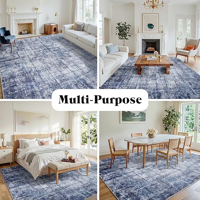 10x14 Area Rugs for Living Room Washable Rug: Anti-Skid Abstract Modern Living Room Rug Soft Thin Carpets Indoor Floor Non-Shedding Carpet for Bedroom Dining Farmhouse Nursery Navy Light Gray