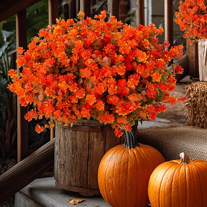 AXYLEX Artificial Fall Flowers Outdoor Fake Mums - 12 Bundles Fake Plants UV Resistant No Fade Faux Plastic Greenery Garden Porch Patio Fall Home Decor(OrangeGreen)