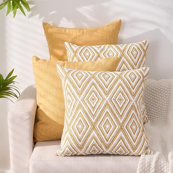 HPUK Decorative Throw Pillow Covers Set of 4 Geometric Design Linen Cushion Cover for Couch Sofa Living Room, 18"x18" inches, Ochre
