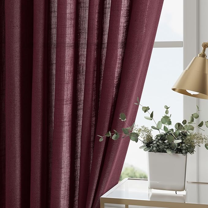 Nanspring Burgundy Linen Curtains 102 Inches Long Rod Pocket Back Tab Drapes 2 Panels Set for Living Room Bedroom Light Filtering Semi Sheer Burgundy Curtain 102 Length for Patio Door 52x102