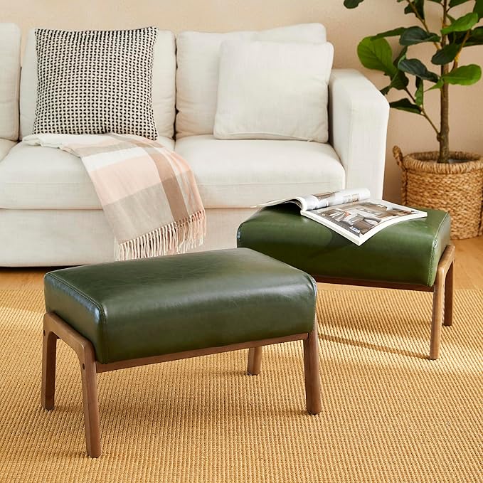 Glitzhome Foot Stool Ottoman Set of 2, Modern Leatherette Sofa Stool Vanity Chair with Rubber Wood Frame, Footrest Ottoman Bench for Living Room, Entryway, Hunter Green