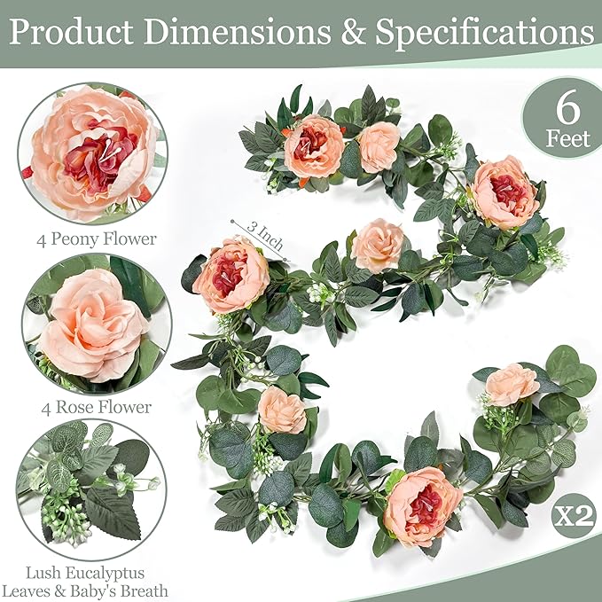 2 Pack 13Ft Artificial Eucalyptus Floral Garland with 16 Flowers Vintage Peony Rose, Pink Fake Flower Greenery Spring Garland Floral Vines for Mantle Wedding Arch Home Table Runner Backdrop Decor