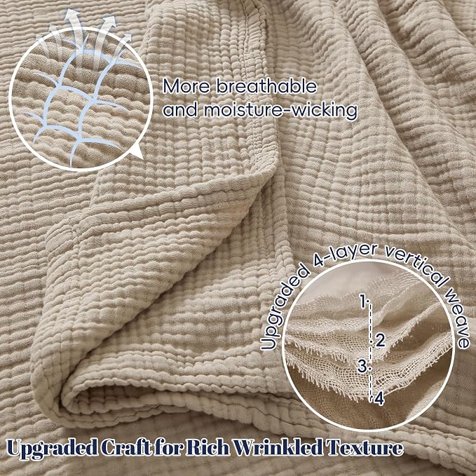 PHF 100% Cotton Muslin Blanket Queen Size 90"x90", 4-Layer Lightweight Gauze Throw, Breathable Cloud-Soft Minimalist Blanket for Bed, Couch, Camping & Baby, Taupe, Ideal Gift