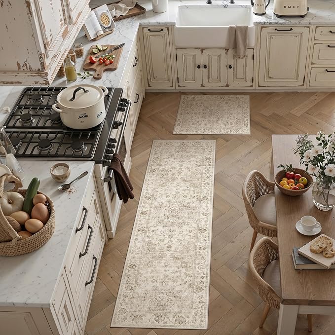 2 Piece Washable Kitchen Rug Set Beige Vintage Runner Mats Non-Slip Soft Low Pile Farmhouse Area Rugs for Floor Sink Laundry Bedroom Bathroom Living Room, 2x3 + 2'6x8