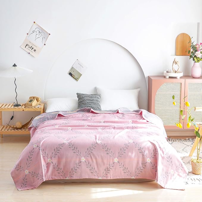 MEJU Pink Flower Muslin Throw Blanket Lightweight Summer for Bed Sofa Couch, 100% Combed Cotton 2 Layer Soft Warm Quick Dry Throw Blanket Bed Coverlet Sheet Flower Pink, F/Q 80 in X 90 in
