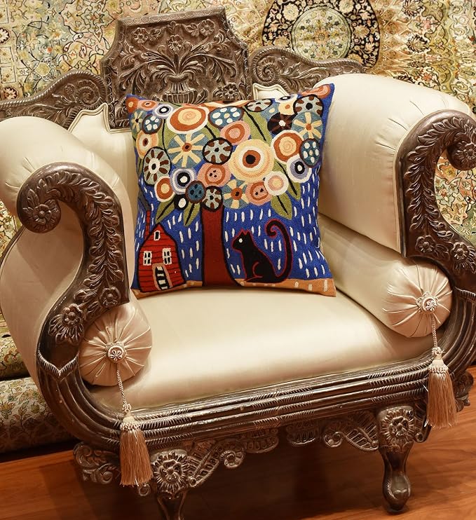 Blue Tree of Life Throw Pillow Cover | Karla Gerard Floral Pillows | Blue Flower Pillows | Floral Chair Cushion | Flower Couch Pillow | Hand Embroidered Cushions Wool Size - 18x18