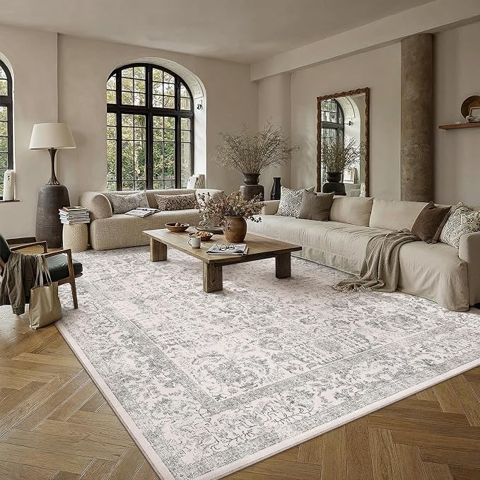 PureCozy Gray Area Rug 10x14 Machine Washable Large Vintage Living Room Distressed Non Slip Carpet Traditional Indoor Bedroom Grey Retro Floral Accent Throw Rug for Office Kitchen Dining Room
