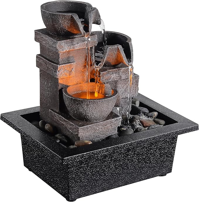 MAOCHI Indoor Fountain 3-Bowl Rockery Soothing Sound Tabletop Fountains Home/Office Decor with Natural River Rocks LED Lights Automatic Watering Pump(22044A)