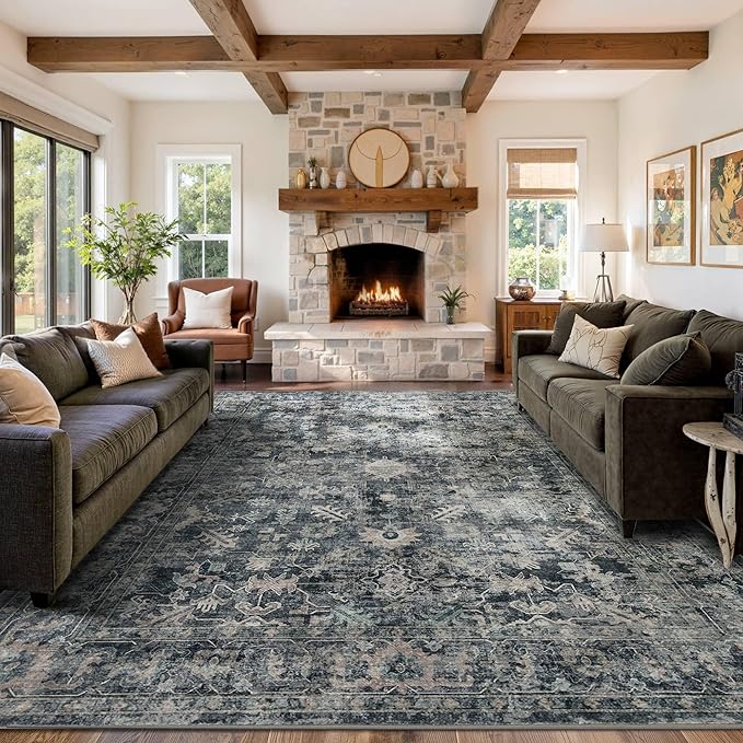 Rugxara 9x12 Area Rugs for Living Room Bedroom, Large Washable Rug, Blue Vintage Retro Boho Rug, Non Slip & Low Pile Faux Wool Thin Carpet for Indoor Dining Room and Kids Room(Blue 9x12ft)