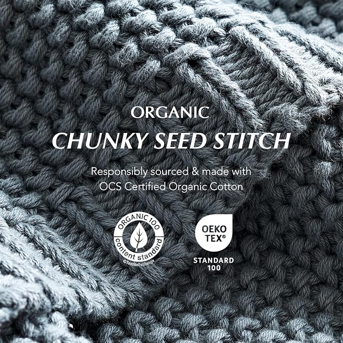 EverGrace Organic Cotton Chunky Knit Throw Blanket, 50 x 60 Dusk Blue | OCS Certified Organic Cotton, Seed Stitch Knit, Soft & Breathable, Cozy Midweight, Decorative Throw for Couch, Bed & Sofa