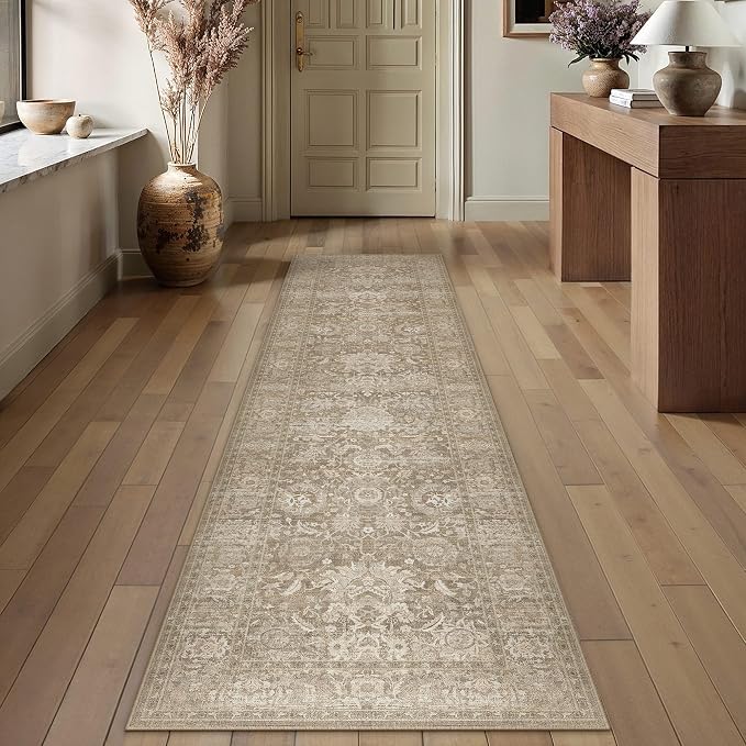 HUGEAR Hallway Runner Rugs 2x8 Beige Washable Rug Neutral Vintage Rug Carpet Distressed Soft Durable Non Slip No Shedding for Indoor Bedroom Kitchen Dining Nursery Laundry