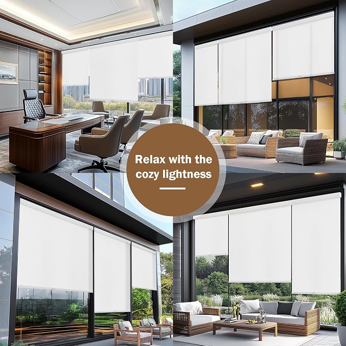 AOSKY Light Filtering Roller Shades Cordless Blinds for Windows, 1% Openness Free-Stop Shades with Valance, Thermal Insulated Fabric, UV Protection, Natural Woven Blinds（37" W x 72" H, White）