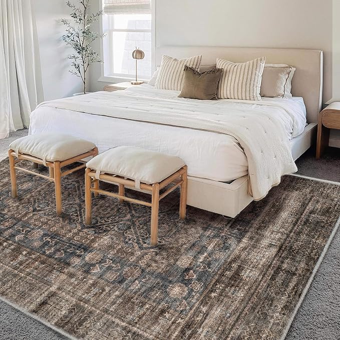 CHAMPLANT Area Rug 6'x9' Washable Vintage Traditional Floor Cover Thin Retro Kitchen Indoor Distressed Non Slip Carpet for Living Room Bedroom Dining Room