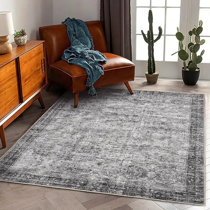 CHAMPLANT Area Rug 6'x9' Washable Vintage Traditional Floor Cover Thin Retro Kitchen Indoor Distressed Non Slip Carpet for Living Room Bedroom Dining Room