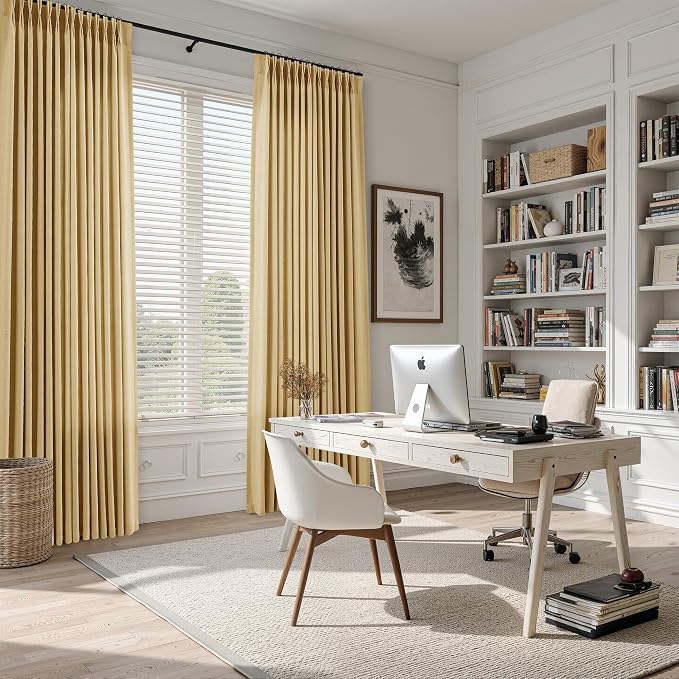 Guken Gold Pinch Pleated Linen Curtains 84 Inch Length 2 Panels Set Heat Boho Modern Country Farmhouse Window Curtain for Living Room Bedroom Light Filtering Back Tab Draps with Hooks Rings 40x84