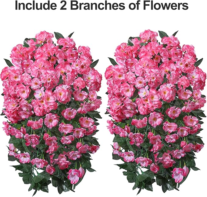 Artificial Fake Flowers Geraniums for Outdoors Spring Decor, 2 PCS Faux Hanging Plants Pink Outdoor Silk Flowers UV Resistant Realistic Trailing Vines for Outside Planters Porch Patio Garden Balcony